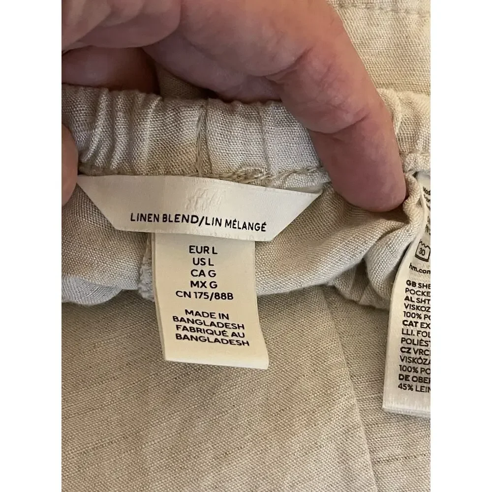 H&M Linen Blend Strech Palazzo Pants, Drawstring Size Large Off White Boho Lagon
